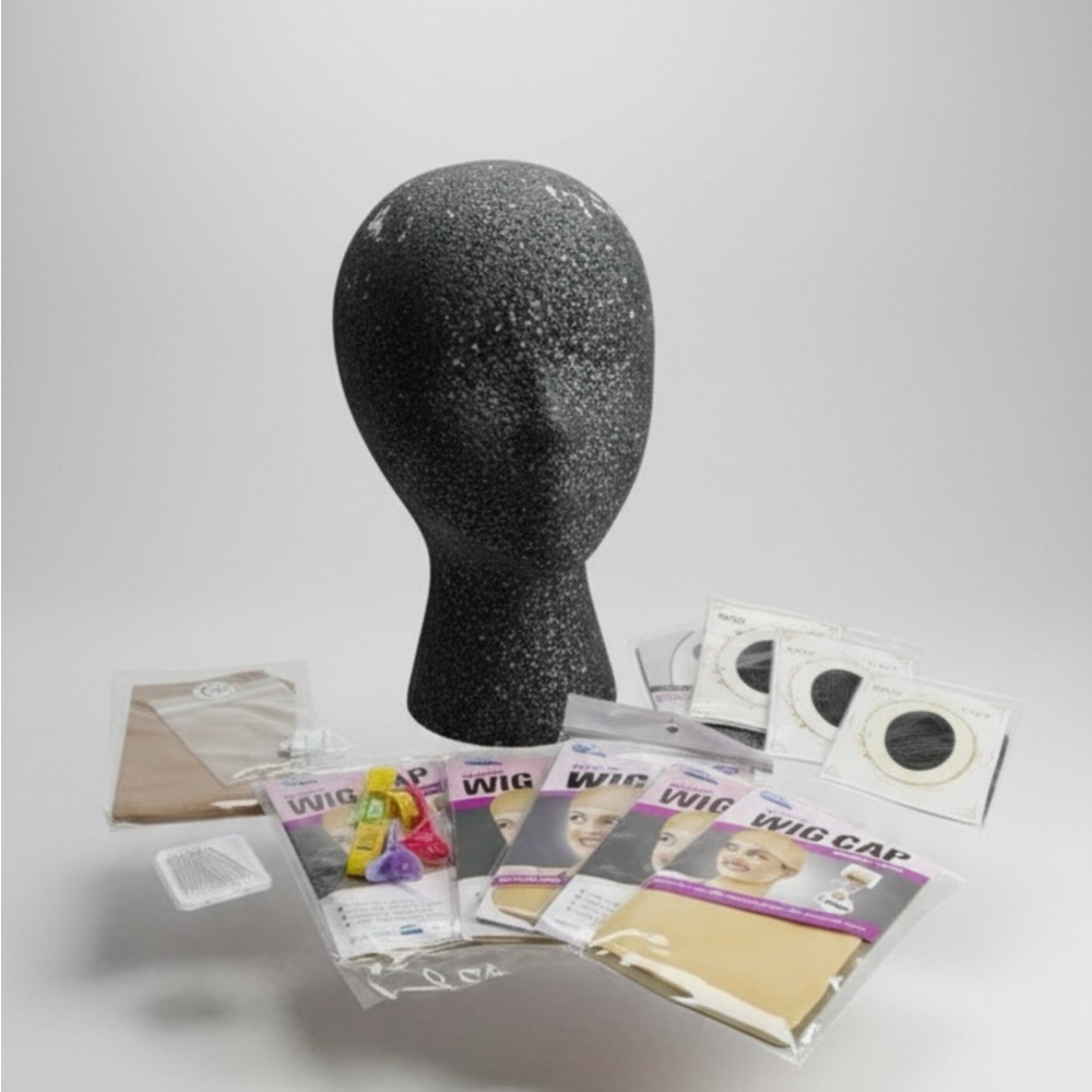 Black Mannequin styrofoam Head with Wig Caps and Accessories